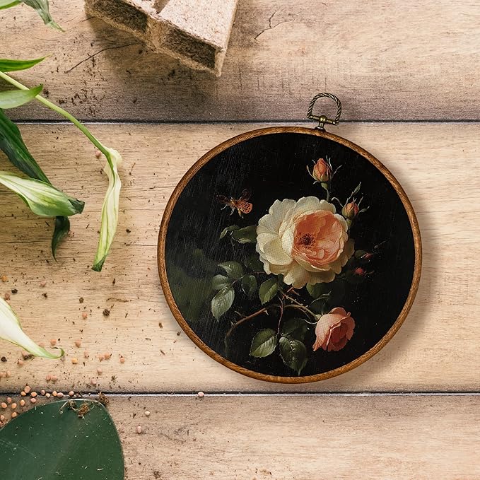 KSDUT Retro Flower Wall Art Decor - Botanical Neutral Mid Century Modern Wall Art Canvas Frame Hanging Prints, Vintage Landscape Round Wall Art Decor for Bedroom Decorations 10"x10"