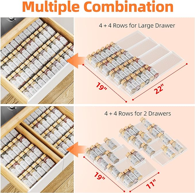 MUDEELA Clear Spice Drawer Organizer, 4 Tier- 2 Set (8 Packs) Spice Rack for Drawer, Expandable From 11