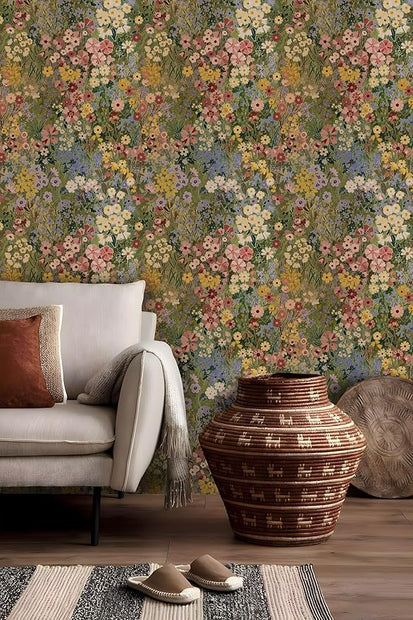 Floral Wallpaper Peel and Stick Boho Wall Paper Removable Waterproof Green Petal Pattern Contact Paper for Bedroom, Bathroom, Home Wall 17.3" x 236.3"