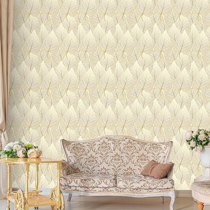 VaryStyle 17.7"x393" Luxury Gold and White Wallpaper Gold Leaf Peel and Stick Wallpaper Floral Decorative Golden Contact Paper Removable Renter Friendly Leaves Wall Paper for Bedroom Furniture Shelf