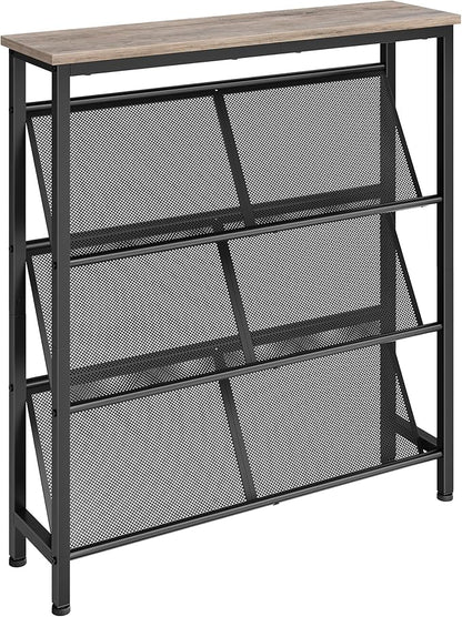 Shoe Rack, 4-Tier Slanted Shoe Storage Shelf, Narrow Shoe Rack for Entryway, Shoe Organizer with Adjustable Feet, Slim Shoe Shelf with Wooden Top and Metal Frame, Greige and Black TXJ75BG