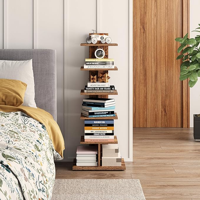 TUTOTAK Narrow Bookshelf, 6-Tier Bookcase, Spine Book Shelf for Small Space, Corner Standing Shelf for Living Room, Office, Study, Entryway, Rustic Brown BS06BB016