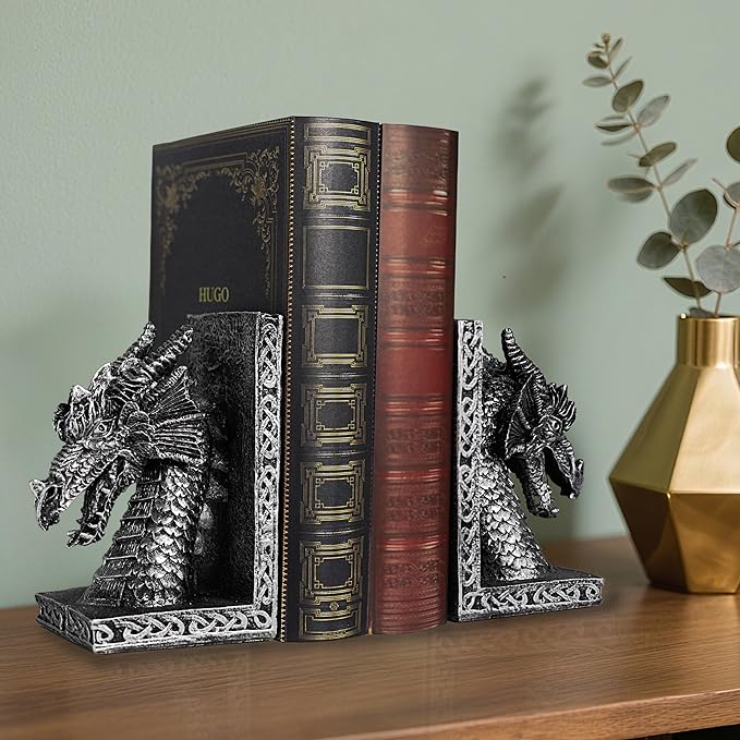 Book Ends for Shelves to Hold Books Heavy Duty,Decorative Bookend for Bookshelf Décor, Animal Dragon Book Stopper Dragon Statues for Home, Office Desk, Living Room Decoration,Vintage Silver,1pair