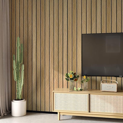 Brown Wood Panels for Wall 3D Wood Slat Wall Panel Acoustic Faux Wooden Slat Wallpaper Self Adhesive Herringbone Shiplap Peel and Stick Wallpaper for Bedroom Living Room Entrance Hall Decor