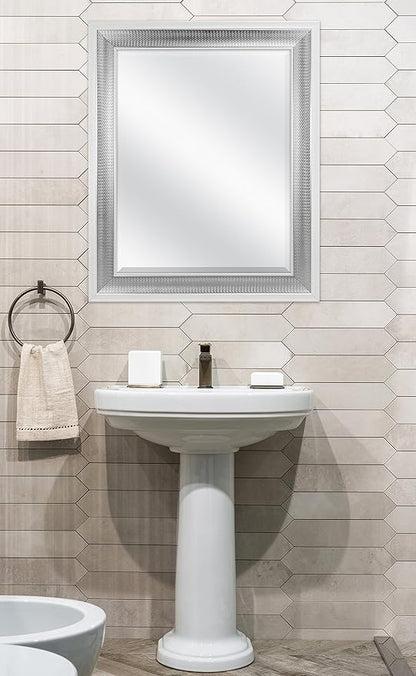 MCS 28.5x34.5 Large Wall Mirror, White Frame with Woven Silver Detail & Beveled Detail Mirror, Vertical & Horizontal Wall Hanging Mirror for Bathroom, Bedroom & Livingroom