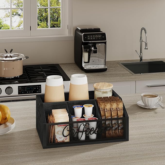YINMIT Coffee Station Organizer for Countertop, Wood Coffee Bar Organizer with Removable Dividers for Pods, Syrup, Cups, Stirrer, Tea - Office Bar Accessories, Iron Mesh-Black