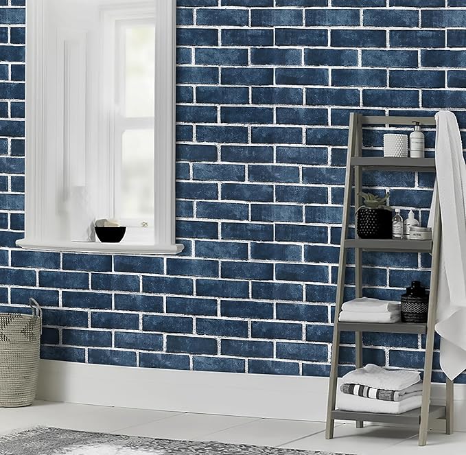 HeloHo 196.8"X17.7" Navy Blue Brick Wallpaper Peel and Stick Self-Adhesive Removable Brick 3D Textured Wall Paper for Kitchen Backsplash Living Room Bedroom Decor