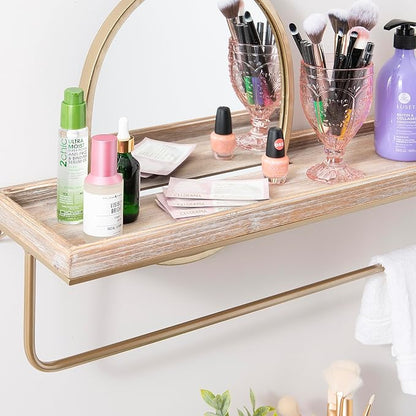 Linon Gourli Modern Farmhouse Gold Metal and Wooden Wall Shelf with Mirror