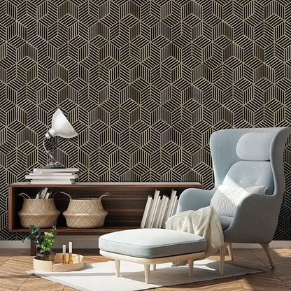 WENMER 17.7" x 1181" Geometric Hexagon Wallpaper - Black and Gold Peel and Stick Contact Paper - Removable Self Adhesive Vinyl Film for Home Use