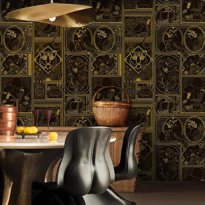 Black and Gold Wallpaper Peel and Stick Vintage Wall Paper Removable Waterproof Animal Print Contact Paper for Bedroom, Bathroom, Home Wall 17.3" x 118"