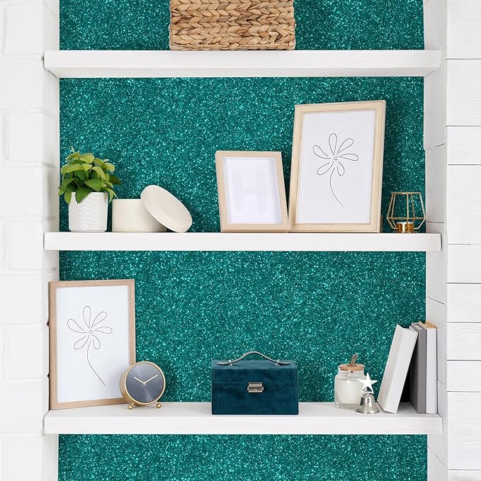 CHIHUT Teal Blue Glitter Wallpaper Stick and Peel for Bedroom Walls 15.7''x236'' Removable Teal Sparkle Wallpaper Decorative Shiny Glitter Contact Paper Self Adhesive Fabric Roll for Drawer Dresser