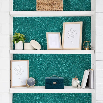 CHIHUT Teal Blue Glitter Wallpaper Stick and Peel for Bedroom Walls 15.7''x236'' Removable Teal Sparkle Wallpaper Decorative Shiny Glitter Contact Paper Self Adhesive Fabric Roll for Drawer Dresser