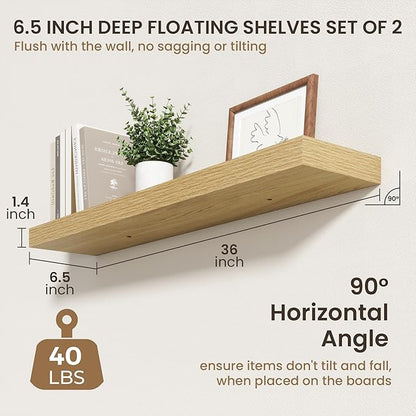 32 Inch Floating Shelves | 6.5 Inch Deep Oak Floating Shelves Set of 2 | 32" W x 6.5" D Rustic Oak Shelves with Invisible Brackets for Bathroom Living Room Bedroom