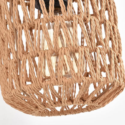 Rustic Wall Sconces Fixtures with Plug in Cord, Set of Two Indoor Vintage Rattan Wall Light Industrial Lamp Fixture Farmhouse Metal Sconces Light for Bedroom Bedside Living Room