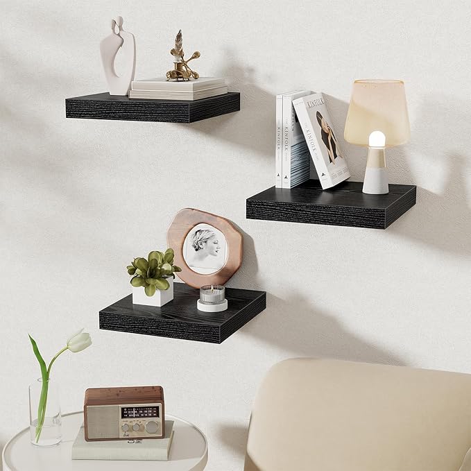 Fun Memories 12 Inch Square Floating Shelves 3 Pack - Wall Shelves with Invisible Brackets, Small Floating Shelves for Wall, Black Wood Shelves for Bathroom, Living Room, Bedroom, and Kitchen Decor