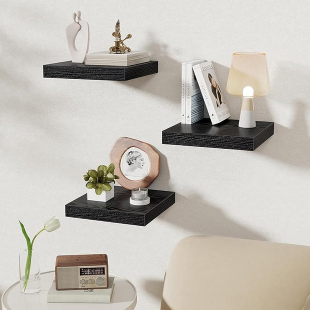 Fun Memories 12 Inch Square Floating Shelves 3 Pack - Wall Shelves with Invisible Brackets, Small Floating Shelves for Wall, Black Wood Shelves for Bathroom, Living Room, Bedroom, and Kitchen Decor