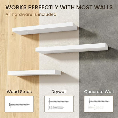 36 Inch Floating Shelves | 6.5 Inch Deep White Floating Shelves Set of 2 | 36" W x 6.5" D Rustic White Wood Wall Shelves with Invisible Brackets for Bathroom Living Room Bedroom