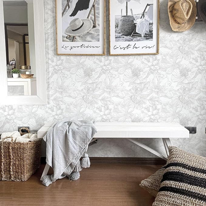 Ismoon Large Floral Peel and Stick Wallpaper Boho White/Grey Contact Paper 17.3inx6.5ft Removable Self Adhesive Bedroom Cabinet Mural Wall Decor Vinyl Roll