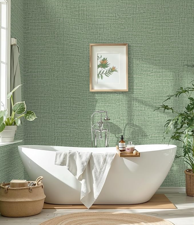 Guvana Grasscloth Peel and Stick Wallpaper Green Textured Contact Paper Modern Removable Self Adhesive Wall Paper Thicken Fabric Faux Linen Wallpaper for Bathroom Kitchen Countertop 197inx15.7in