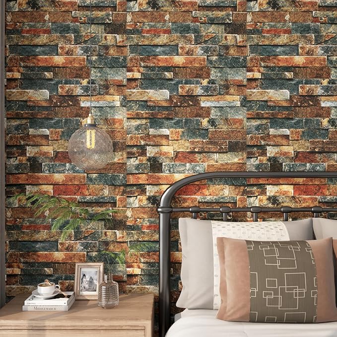 FunStick 15.8"x240" Retro Brick Peel and Stick Wallpaper Textured 3D Brown Red Blue Brick Contact Paper Peel and Stick Self Adhesive Wallpaper for Bathroom Kitchen Wall Panel Decor Cabinets Waterproof