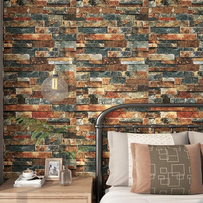 FunStick 15.8x472 Brown Red Blue 3D Brick Wallpaper Peel and Stick Textured Brick Removable Wallpaper for Bedroom Living Room Accent Wall Panels Backsplash Renter Friendly Vintage Vinyl Contact Paper