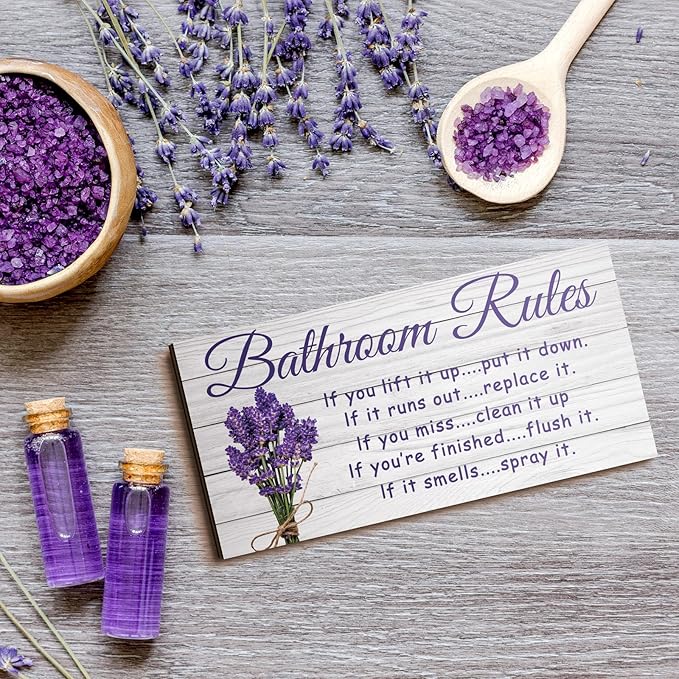 Jetec 2 Pieces Funny Bathroom Signs Bathroom Wall Decor Toilet Wall Accessories Farmhouse Toilet Rustic Wooden Signs, 12x6 Inch(Lavender Style)