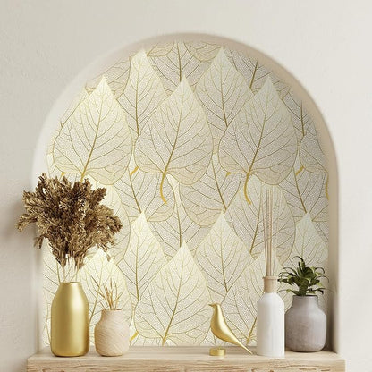 VaryStyle 17.7"x393" Luxury Gold and White Wallpaper Gold Leaf Peel and Stick Wallpaper Floral Decorative Golden Contact Paper Removable Renter Friendly Leaves Wall Paper for Bedroom Furniture Shelf