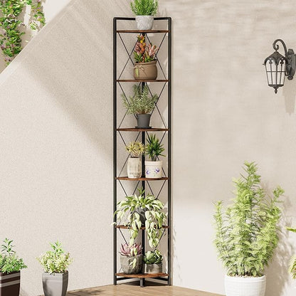 6 Tier Corner Shelf Stand, 78" H Tall Industrial Corner Bookshelf for Living Room Decor, Metal Corner Shelf, Plant Stand Display Shelf for Bedroom, Bathroom, Small Space, Rustic Brown