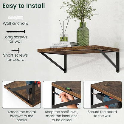 Floating Shelves, 12 Inch Deep Rustic Wood Wall Storage, 24W x 12D Wall Shelves Set of 2, Heavy Duty Metal Brackets, Large Industrial Book Shelf for Living Room, Kitchen, Bedroom, Brown