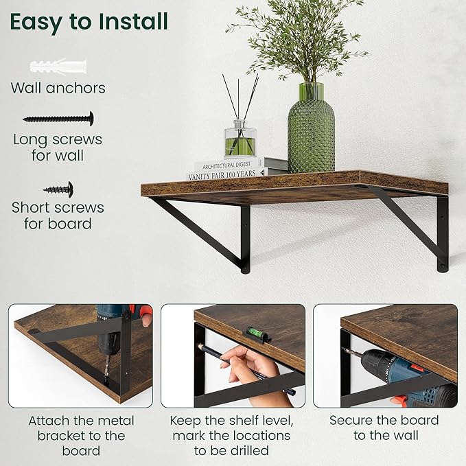 Floating Shelves, 12 Inch Deep Rustic Wood Wall Storage, 16W x 12D Wall Shelves Set of 2, Heavy Duty Metal Brackets, Large Industrial Book Shelf for Living Room, Kitchen, Bedroom, Brown