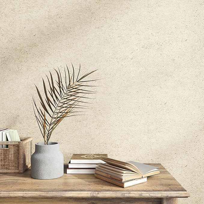 VEELIKE Beige Concrete Wallpaper Peel and Stick Textured Limewash Wallpaper for Bedroom Bathroom 15.7''x118'' Self Adhesive Sandstone Wall Paper Removable Beige Contact Paper for Walls Countertops