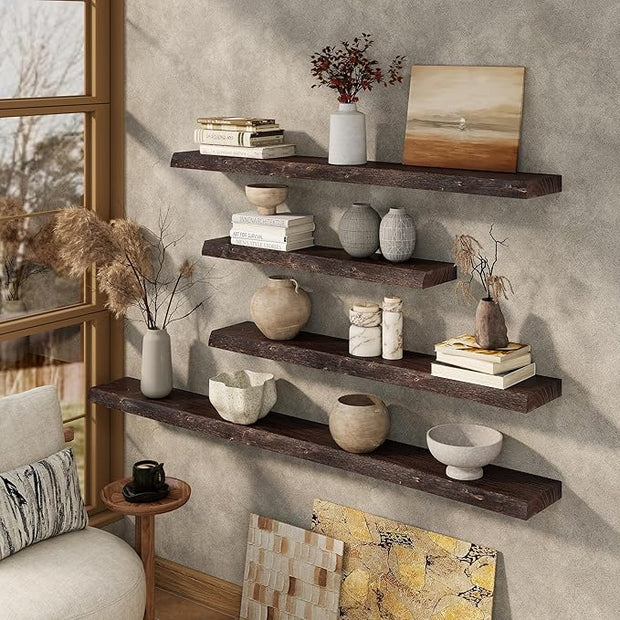 Marsmiles 55 inch Floating Shelves for Wall Elm Wood Live Edge Shelves Wall Mounted|Rustic Long Floating Shelves with Invisible Bracket for Bathroom Living Room Kitchen|Walnut, 1 Pack