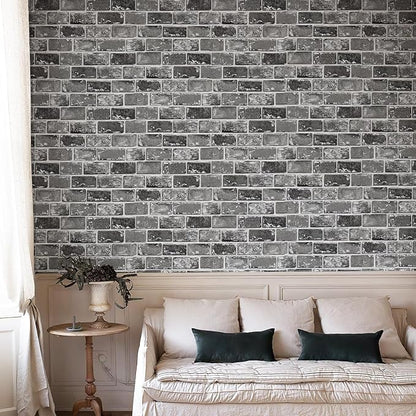 JiffDiff Brick Wallpaper Peel and Stick, Removable Vintage Self Adhesive Wallpaper Renter Friendly Textured Stick on Wallpaper Contact Paper （17.3" x 1200" Black Brick）