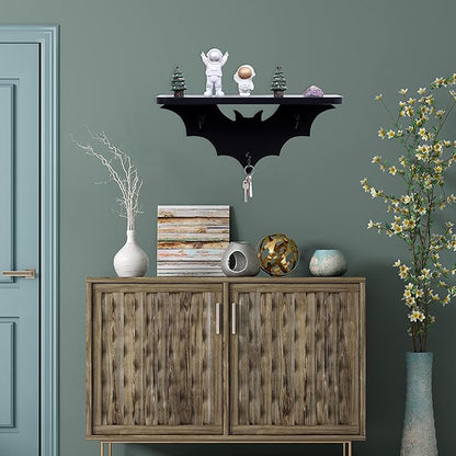 Bat Shelf Floating Shelves for Wall,15.5 inch Wall Shelf with 3 Key Hooks,Black Shelves for Living Room Bedroom Kitchen Gothroom