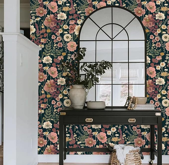 EchoSphere 16.9in x 197in Floral Peel and Stick Wallpaper Boho Vintage Floral Wall Paper Removable Flower and Leaf Contact Paper Self Adhesive Decorative Wallpaper for Cabinets Accent Wall Covering