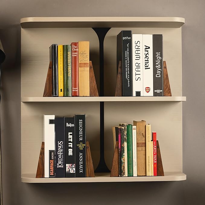 TILISMA Walnut Bookends for Shelves | Wooden Book Ends for Shelves | Sturdy Book Holders, Stoppers with Metal Base for Bookshelves | Slick Decorative Bookends Stands Firmly on Bookshelf (4 Pairs)