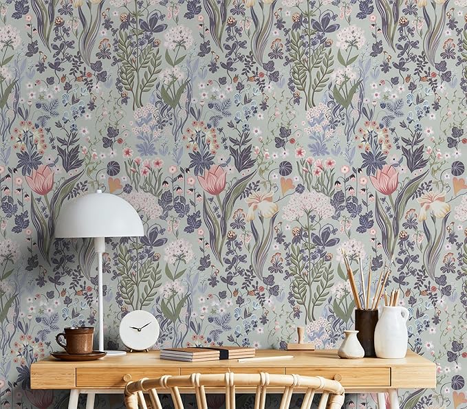 Peel and Stick Wallpaper Vintage Wall Paper Gray/Purple Floral Contact Paper Removable Wallpaper 17.3