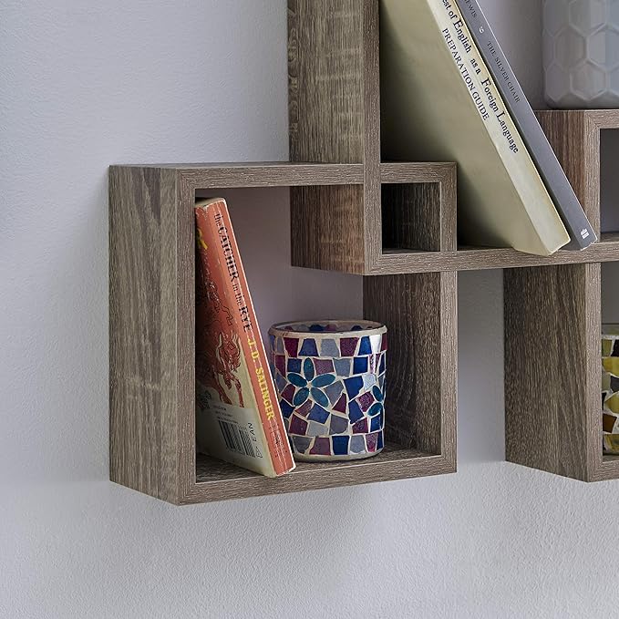 Danya B. Decorative Wall Mount Floating Intersecting Cube Accent Wall Shelf (Weathered Oak)