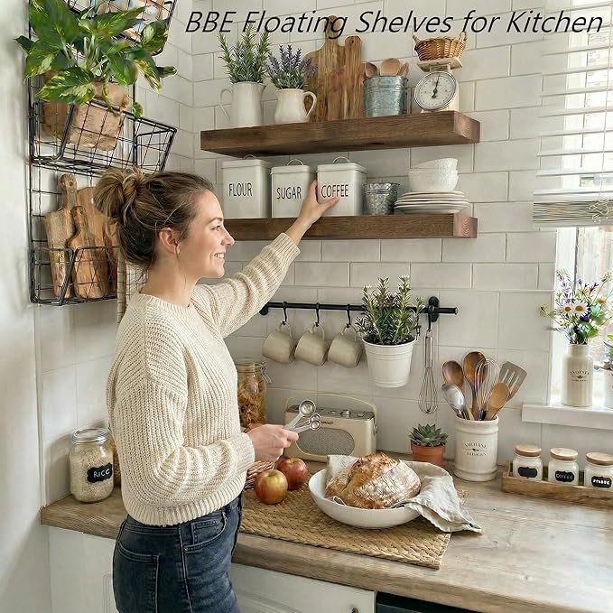 BBE Floating Shelves for Room Wall Rustic Walnut Wooden Bathroom Wall-Mounted Shelf Over Toilet Decor 16 Inch Storage Wood Shelves for Living Room, Bedroom, Kitchen Farmhouse 16D x 6.7W Set of 2