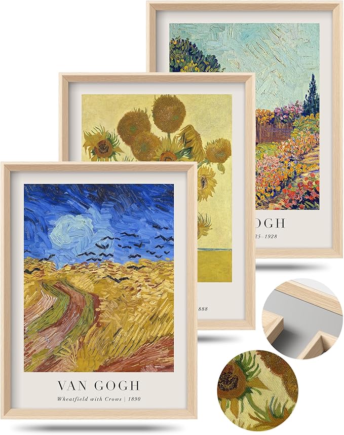 HesenDot Van Gogh Framed Wall Art Set of 3, 12x16 Inch Canvas Prints, Wheatfield, Sunflowers, Landscape Paintings, Vintage Artwork Posters Home Decoration for Living Room Bedroom Gallery Office