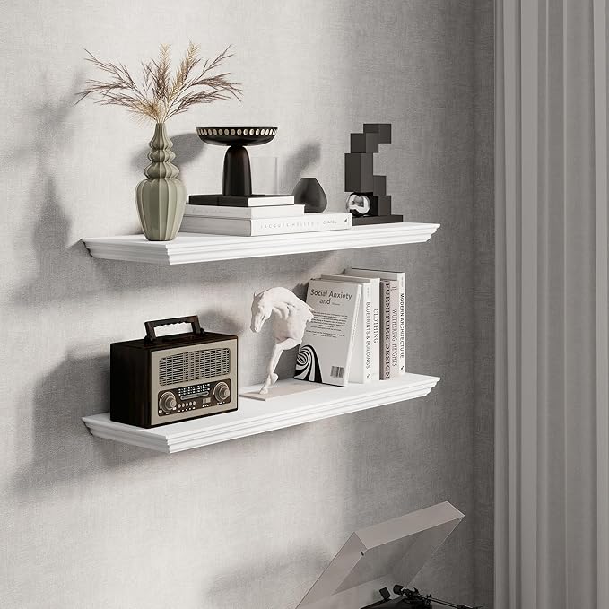 Fun Memories Floating Shelves 32 Inch Long, 9.3 Inch Deep Classic Crown Molding Floating Shelves for Wall, Rustic Wooden Shelves for Wall Decor Bathroom, Kitchen, Office, (White, 2Pack)