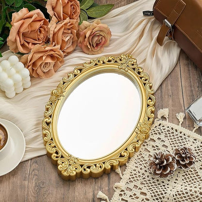 2 Pcs Vintage Decorative Gold Mirror Set Including 12.6" x 9.1" Oval Wall Mirror 15.4" x 9.7" Square Antique Tabletop Makeup Vanity Tray for Bedrooms Room Dresser Decorations(Gold)