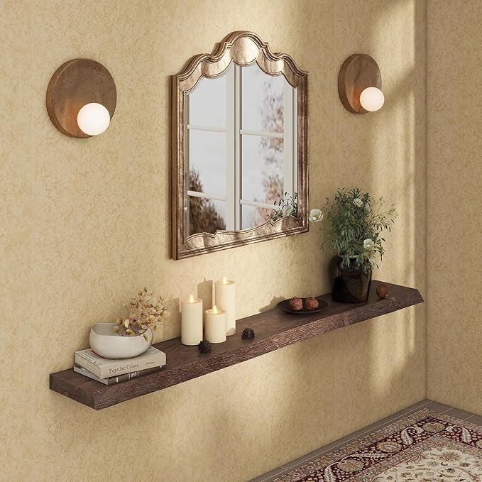 fuqing Live Edge Floating Shelves for Wall 72 Inch - 9 Inch Deep Rustic Solid Elm Wood Floating Wall Shelves - Natural Wooden Shelves with Heavy Duty Brackets and Anchors