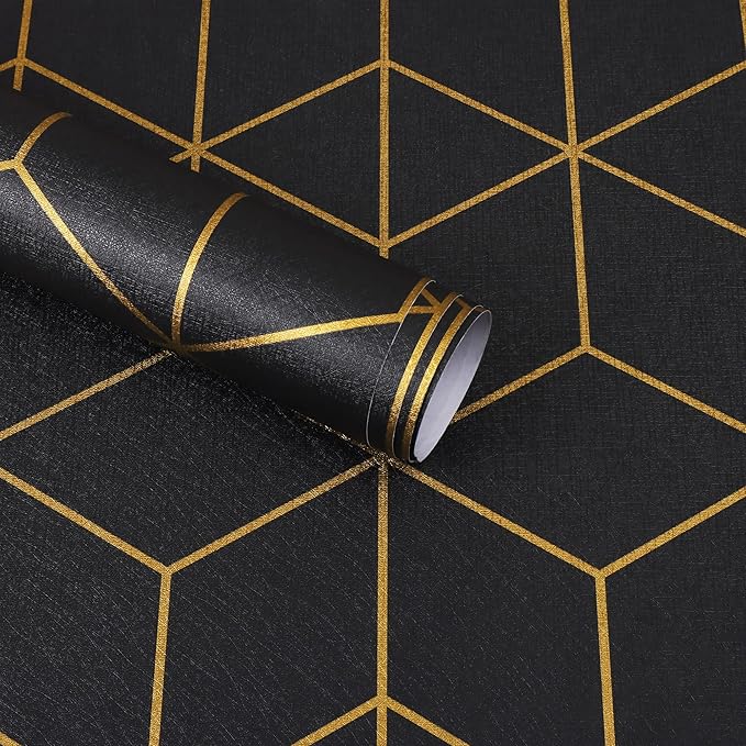 Safiyya 590"x17.3" Black Wallpaper Gold and Black Contact Paper Peel and Stick Geometric Wallpaper Removable Wallpaper for Walls Covering Vinyl Rolls