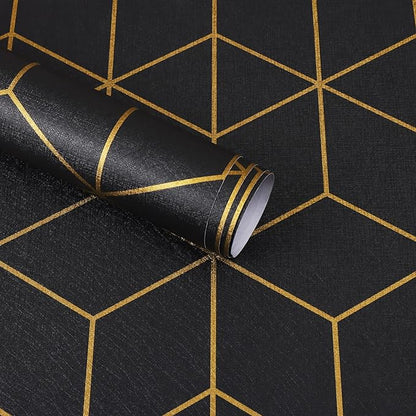 Safiyya 590"x17.3" Black Wallpaper Gold and Black Contact Paper Peel and Stick Geometric Wallpaper Removable Wallpaper for Walls Covering Vinyl Rolls