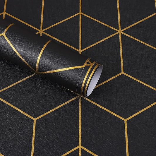 Safiyya 590"x17.3" Black Wallpaper Gold and Black Contact Paper Peel and Stick Geometric Wallpaper Removable Wallpaper for Walls Covering Vinyl Rolls