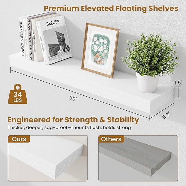 Fun Memories Floating Shelves 30 Inch, Wall Mounted Wood Shelf Set of 2, Farmhouse Decor for Bathroom, Bedroom, Kitchen, Living Room, White