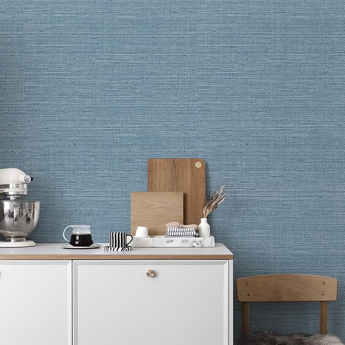 JiffDiff Grasscloth Wallpaper Peel and Stick Blue Grassweave Stick on Wallpaper Textured Self Adhesive Wall Paper Contact Paper 787