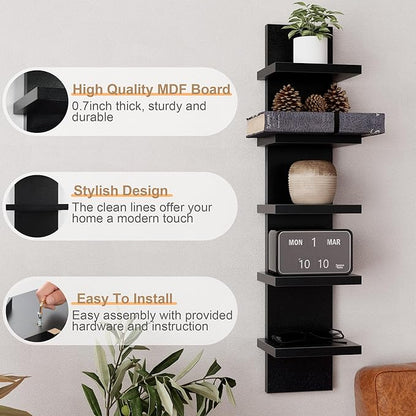 Fun Memories 5 Tier Wall Shelf Unit, Black Floating Shelves for Storage - Vertical Column Tower Design, Lack Wall Shelf Space Saving Organizer for Bedroom, Living Room, Home Decor， 2Pack
