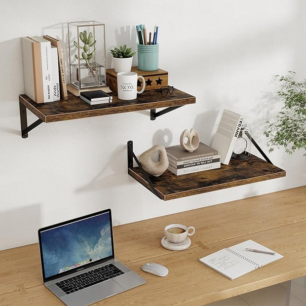 Floating Shelves, 12 Inch Deep Rustic Wood Wall Storage, 24W x 12D Wall Shelves Set of 2, Heavy Duty Metal Brackets, Large Industrial Book Shelf for Living Room, Kitchen, Bedroom, Brown